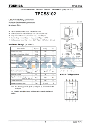 TPCS8102 datasheet - Lithium Ion Battery Applications Portable Equipment Applications Notebook PCs