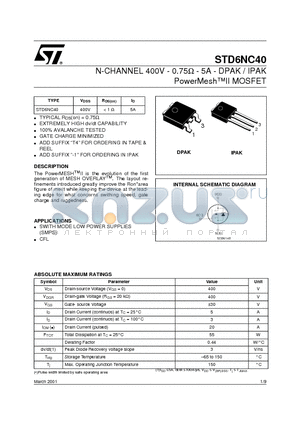 STD6NC40-T4 datasheet - N-CHANNEL 400V - 0.75ohm - 5A - DPAK / IPAK PowerMeshII MOSFET