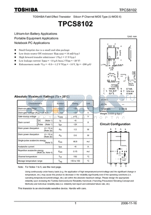 TPCS8102 datasheet - Lithium-Ion Battery Applications Portable Equipment Applications Notebook PC Applications
