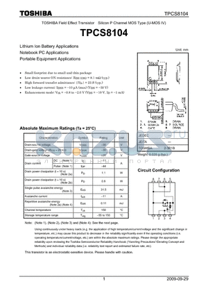 TPCS8104_09 datasheet - Lithium Ion Battery Applications Notebook PC Applications Portable Equipment Applications