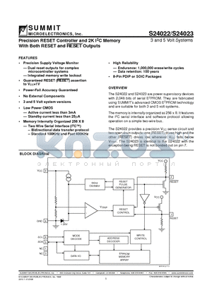 S24022 datasheet - Precision RESET Controller and 2K I2C Memory With Both RESET and RESET Outputs