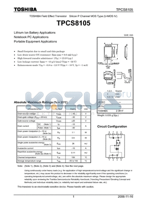 TPCS8105 datasheet - Lithium Ion Battery Applications Notebook PC Applications Portable Equipment Applications