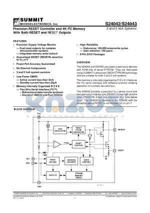 S24022SA datasheet - Precision RESET Controller and 4K I2C Memory With Both RESET and RESET Outputs