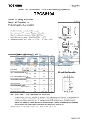 TPCS8104_07 datasheet - Lithium Ion Battery Applications Notebook PC Applications Portable Equipment Applications