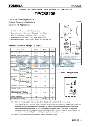 TPCS8205 datasheet - Lithium Ion Battery Applications Portable Equipment Applications Notebook PC Applications