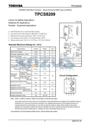 TPCS8209 datasheet - Lithium Ion Battery Applications Notebook PC Applications Portable Equipment Applications
