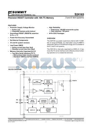 S24163S2.7 datasheet - Precision RESET Controller with 16K I2C Memory