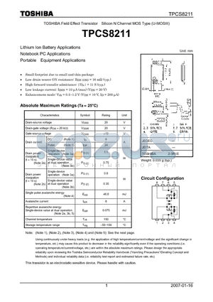 TPCS8211 datasheet - Lithium Ion Battery Applications Notebook PC Applications Portable Equipment Applications