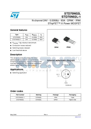 STD70N02L-1 datasheet - N-channel 24V - 0.0068ohm - 60A - DPAK - IPAK STripFET TM III Power MOSFET