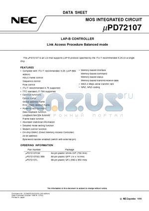 UPD72107 datasheet - LAP-B CONTROLLER(Link Access Procedure Balanced mode)