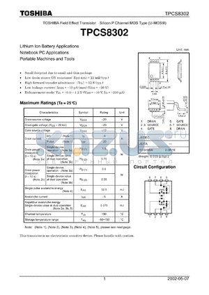 TPCS8302 datasheet - Lithium lon Battery Applications Notebook PC Applications Portable Machines and Tools