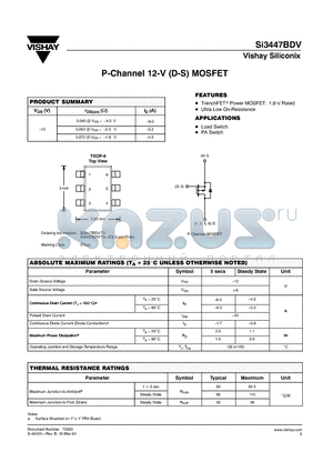 SI3447BDV-T1-E3 datasheet - P-Channel 12-V (D-S) MOSFET