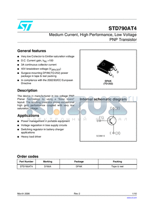 STD790AT4 datasheet - Medium Current, High Performance, Low Voltage PNP Transistor