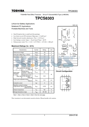 TPCS8303 datasheet - TOSHIBA Field Effect Transistor Silicon P Channel MOS Type (U-MOSIII)