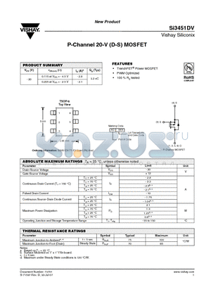 SI3451DV datasheet - P-Channel 20-V (D-S) MOSFET