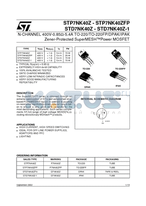 STD7NK40Z-1 datasheet - N-CHANNEL 400V-0.85ohm-5.4A TO-220/TO-220FP/DPAK/IPAK Zener-Protected SuperMESHPower MOSFET