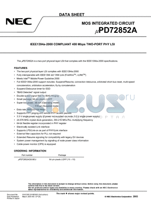 UPD72852A datasheet - IEEE1394a-2000 COMPLIANT 400 Mbps TWO-PORT PHY LSI