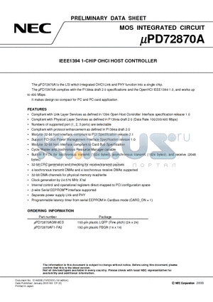 UPD72870A datasheet - IEEE1394 1-CHIP OHCI HOST CONTROLLER