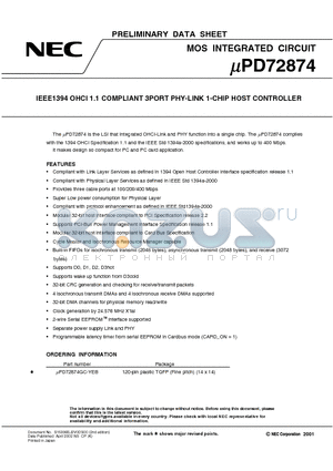 UPD72874 datasheet - IEEE1394 OHCI 1.1 COMPLIANT 3PORT PHY-LINK 1-CHIP HOST CONTROLLER