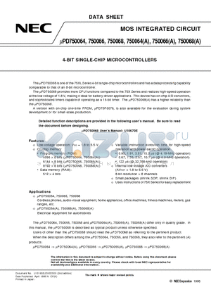 UPD750064CU datasheet - 4-BIT SINGLE-CHIP MICROCONTROLLERS