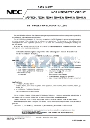 UPD750064GTA datasheet - 4-BIT SINGLE-CHIP MICROCONTROLLERS