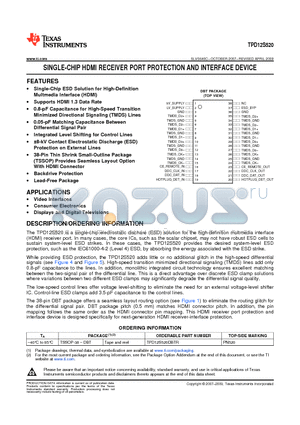 TPD12S520 datasheet - SINGLE-CHIP HDMI RECEIVER PORT PROTECTION AND INTERFACE DEVICE