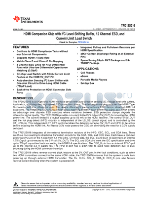 TPD12S016 datasheet - HDMI Companion Chip with I2C Level Shifting Buffer, 12 Channel ESD, and Current-Limit Load Switch