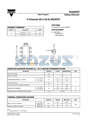 SI3465DV-T1-E3 datasheet - P-Channel 20-V (D-S) MOSFET