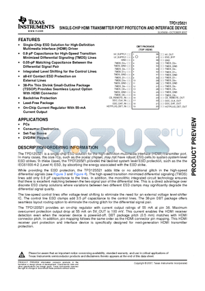 TPD12S521DBTR datasheet - SINGLE-CHIP HDMI TRANSMITTER PORT PROTECTION AND INTERFACE DEVICE