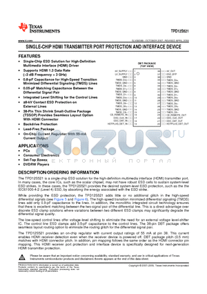 TPD12S521DBTR datasheet - SINGLE-CHIP HDMI TRANSMITTER PORT PROTECTION AND INTERFACE DEVICE