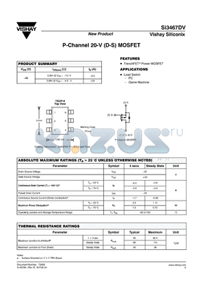 SI3467DV-T1-E3 datasheet - P-Channel 20-V (D-S) MOSFET