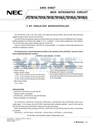 UPD750104 datasheet - 4 BIT SINGLE-CHIP MICROCONTROLLER