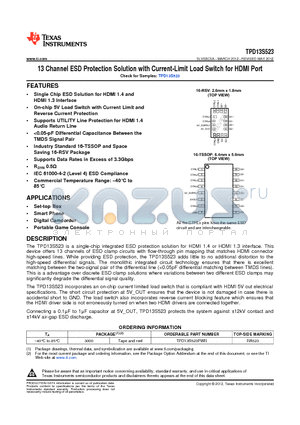 TPD13S523 datasheet - 13 Channel ESD Protection Solution with Current-Limit Load Switch for HDMI Port