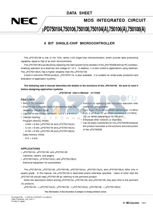 UPD750104CUA datasheet - 4 BIT SINGLE-CHIP MICROCONTROLLER