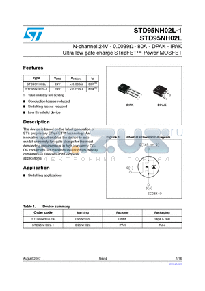 STD95NH02L-1 datasheet - N-channel 24V - 0.0039Y - 80A - DPAK - IPAK Ultra low gate charge STripFET Power MOSFET