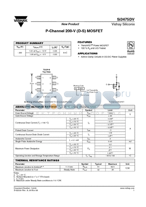 SI3475DV-T1-E3 datasheet - P-Channel 200-V (D-S) MOSFET