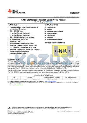 TPD1E10B09 datasheet - Single Channel ESD Protection Device in 0402 Package