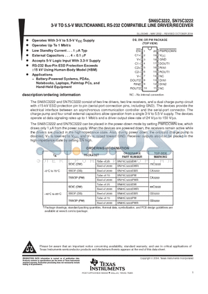 SN75C3222DW datasheet - 3-V TO 5.5-V MULTICHANNEL RS-232 COMPATIBLE LINE DRIVER/RECEIVER
