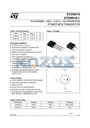 STD9N10 datasheet - N-CHANNEL 100V - 0.23 ohm - 9A DPAK/IPAK POWER MOS TRANSISTOR