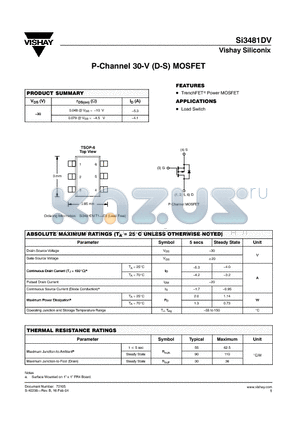SI3481DV datasheet - P-Channel 30-V (D-S) MOSFET