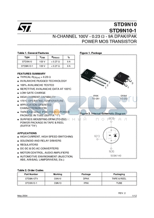 STD9N10-1 datasheet - N-CHANNEL 100V - 0.23 ohm - 9A DPAK/IPAK POWER MOS TRANSISTOR