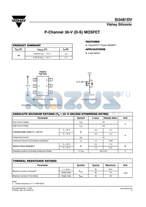 SI3481DV-T1-E3 datasheet - P-Channel 30-V (D-S) MOSFET