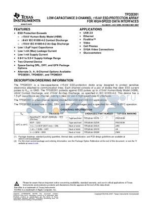 TPD2E001 datasheet - LOW-CAPACITANCE 2-CHANNEL a15-kV ESD-PROTECTION ARRAY FOR HIGH-SPEED DATA INTERFACES