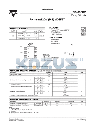 SI3493BDV-T1-E3 datasheet - P-Channel 20-V (D-S) MOSFET