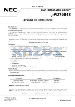 UPD75048GC datasheet - 4-BIT SINGLE-CHIP MICROCOMPUTER