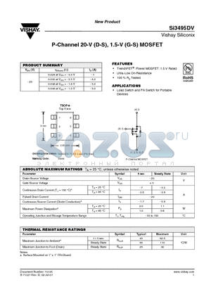 SI3495DV datasheet - P-Channel 20-V (D-S), 1.5-V (G-S) MOSFET