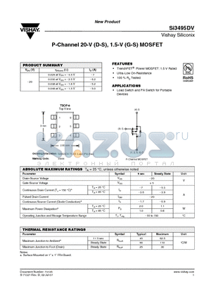 SI3495DV-T1-E3 datasheet - P-Channel 20-V (D-S), 1.5-V (G-S) MOSFET