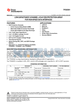 TPD2E001 datasheet - LOW-CAPACITANCE 2-CHANNEL a15-kV ESD-PROTECTION ARRAY FOR HIGH-SPEED DATA INTERFACES