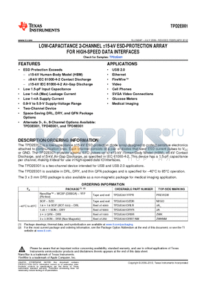 TPD2E001DRLR datasheet - LOW-CAPACITANCE 2-CHANNEL a15-kV ESD-PROTECTION ARRAY FOR HIGH-SPEED DATA INTERFACES