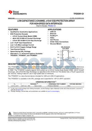 TPD2E001-Q1 datasheet - LOW-CAPACITANCE 2-CHANNEL a15-kV ESD-PROTECTION ARRAY FOR HIGH-SPEED DATA INTERFACES